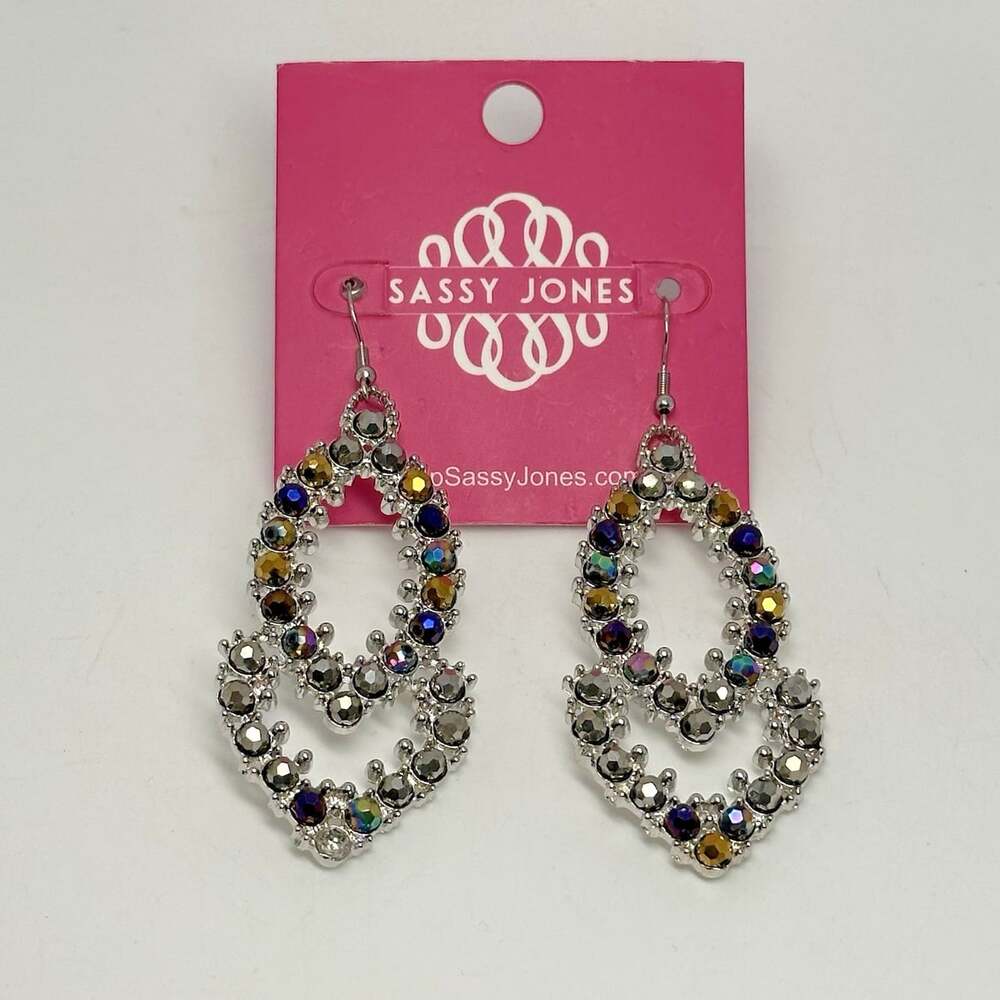 Sassy Jones Malia Glass Dangle Peacock Rhinestone Silver Tone Hook Drop Earrings